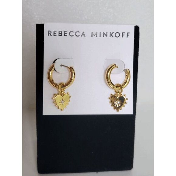 ❤️✨ REBECCA MINKOFF Gold Metal Studded Heart Huggie Hoop Earrings NEW WITH TAGS - Picture 9 of 16